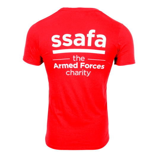 A red short-sleeve t-shirt shown from the back, featuring a white graphic print that reads 'ssafa the Armed Forces charity'.