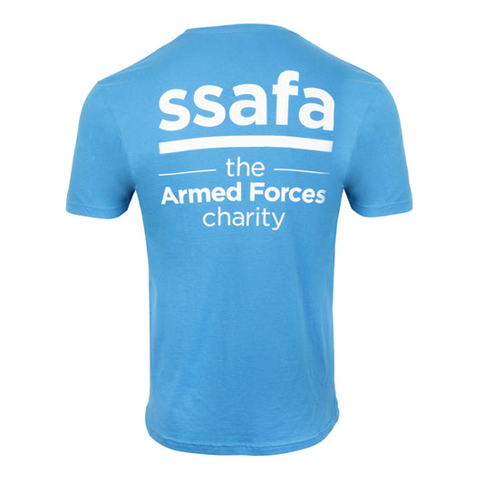 A light blue short-sleeve t-shirt shown from the back, featuring a white printed graphic that reads 'ssafa' and 'the Armed Forces charity'.