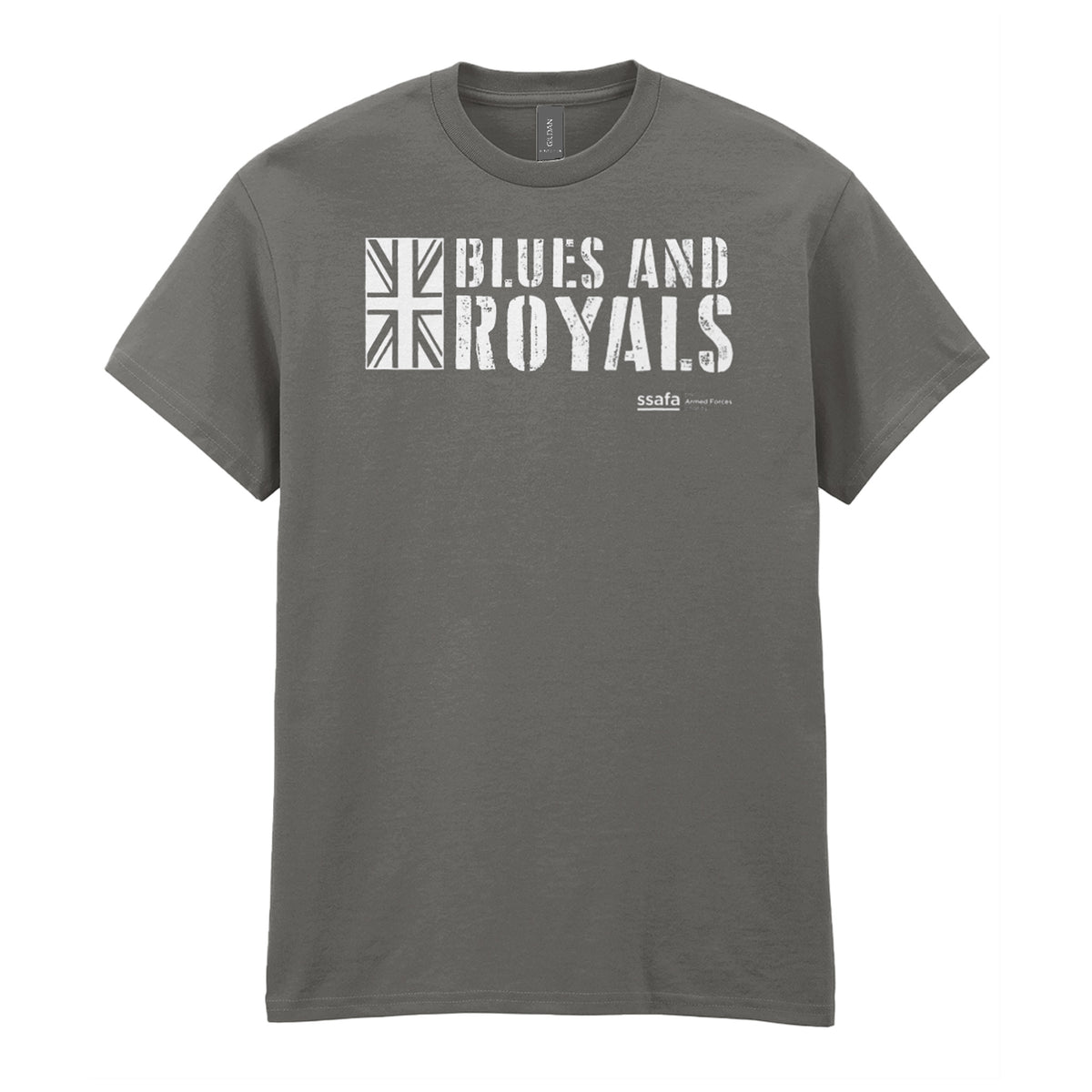 A charcoal short-sleeve crewneck t-shirt with a white graphic print on the chest reading 'BLUES AND ROYALS' alongside a Union Jack flag design, shown against a plain white background.