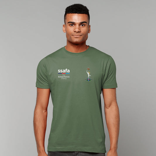 A man wearing a military green short-sleeve t-shirt with 'ssafa' and Royal Corps of Signals insignia printed on the chest, photographed against a solid grey studio background.