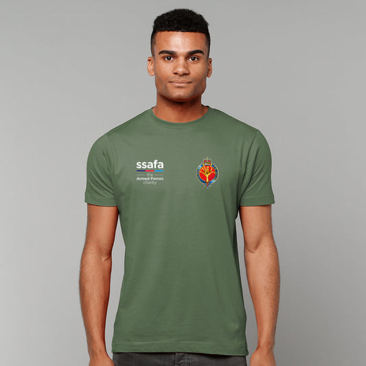 A man wearing a military short-sleeve t-shirt with 'ssafa' and Welsh Guards insignia printed on the chest, photographed against a solid grey studio background.
