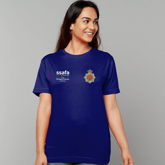 A woman wearing a navy short-sleeve t-shirt with 'ssafa' and Royal Corps of Transport insignia printed on the chest, photographed against a solid grey studio background.