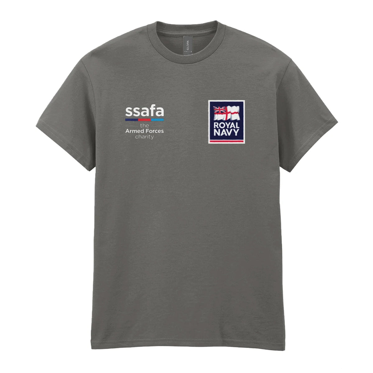 A charcoal t-shirt showing an MOD licensed Royal Navy 'logo' to left chest and SSAFA logo to right chest.
