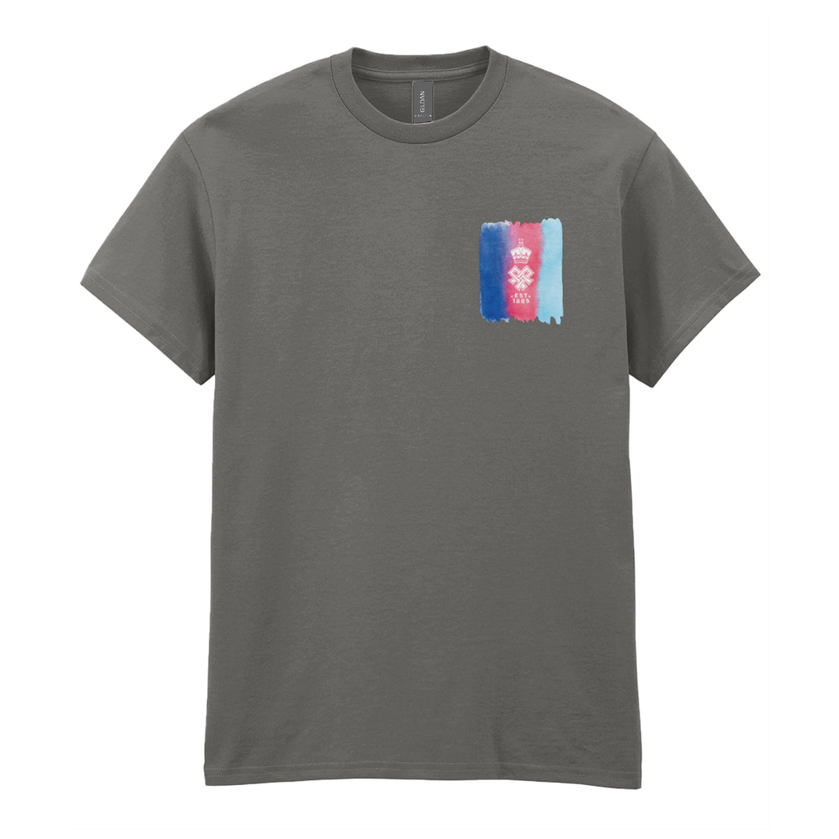 A Charcoal short-sleeve crewneck t-shirt featuring a small rectangular chest graphic with a watercolor-style design in blue, red, and light blue, with the SSAFA crest overlaid.