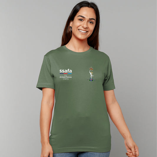 A woman wearing a military green t-shirt showing an MOD licensed Royal Corps of Signals insignia (King's Crown) to left chest and SSAFA logo to right chest.