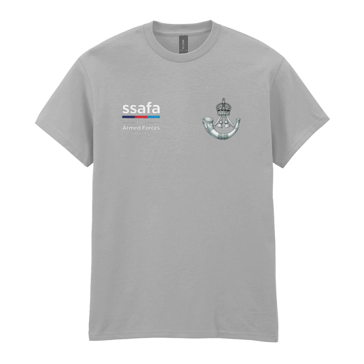 A sports grey t-shirt showing an MOD licensed The Rifles (King's Crown) insignia to left chest and SSAFA logo to right chest.