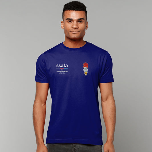 A man wearing a navy t-shirt showing an MOD licensed Royal Regiment of Fusiliers (King's Crown) insignia to left chest and SSAFA logo to right chest.