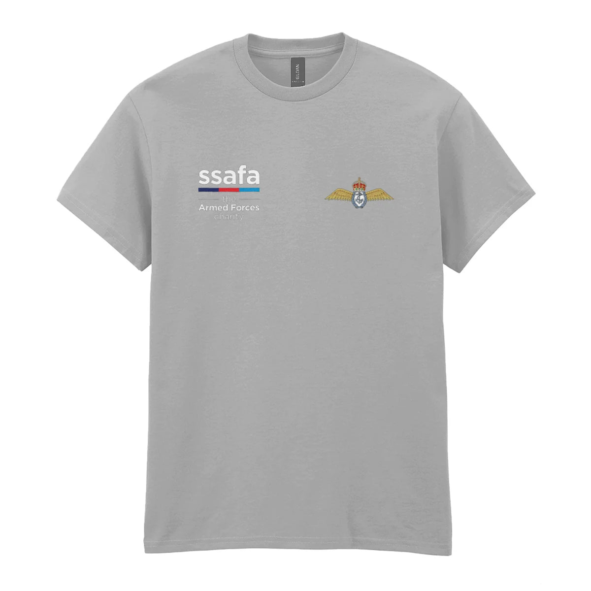 A sports grey t-shirt showing an MOD licensed Fleet Air Arm (King's Crown) insignia to left chest and SSAFA logo to right chest.