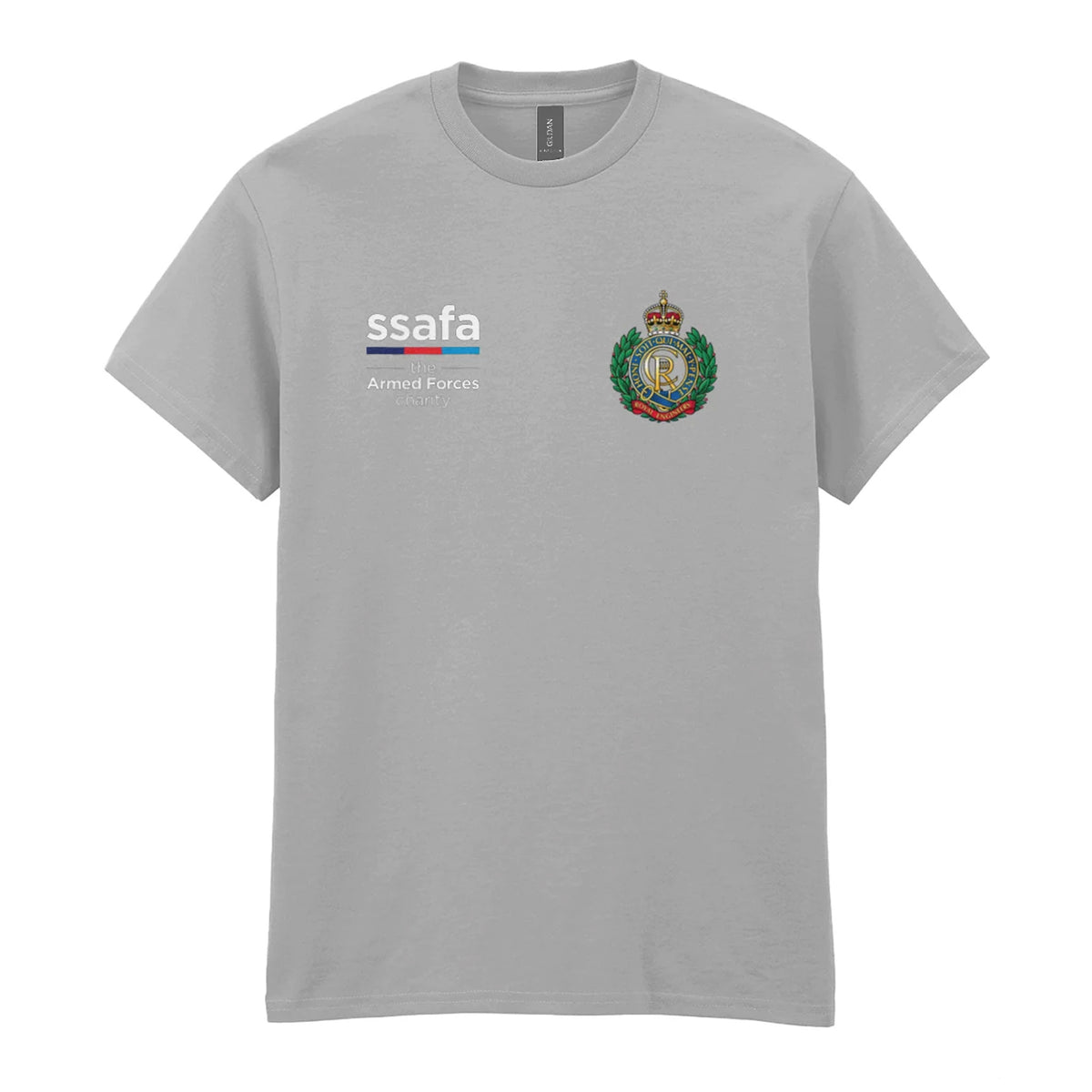 A sports grey t-shirt showing an MOD licensed Royal Engineers (King's Crown) insignia to left chest and SSAFA logo to right chest.
