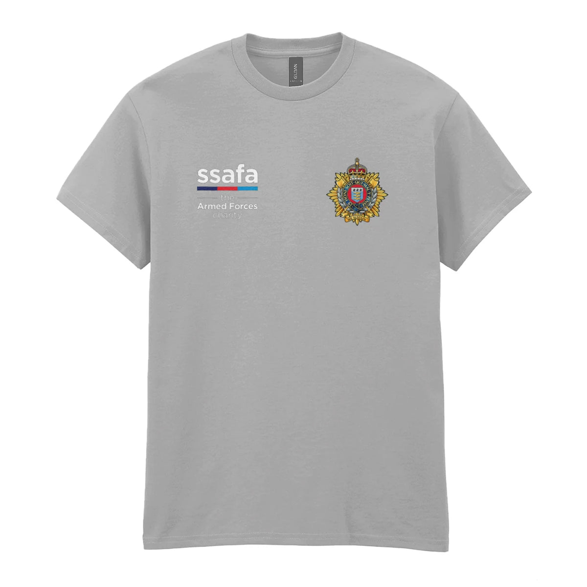 A sports grey t-shirt showing an MOD licensed Royal Logistics Corps (King's Crown) insignia to left chest and SSAFA logo to right chest.