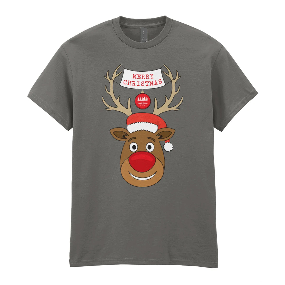 A charcoal short-sleeve crewneck t-shirt featuring a cartoon graphic of a reindeer with brown antlers, a red nose, a Santa hat, and a banner that reads 'MERRY CHRISTMAS'.