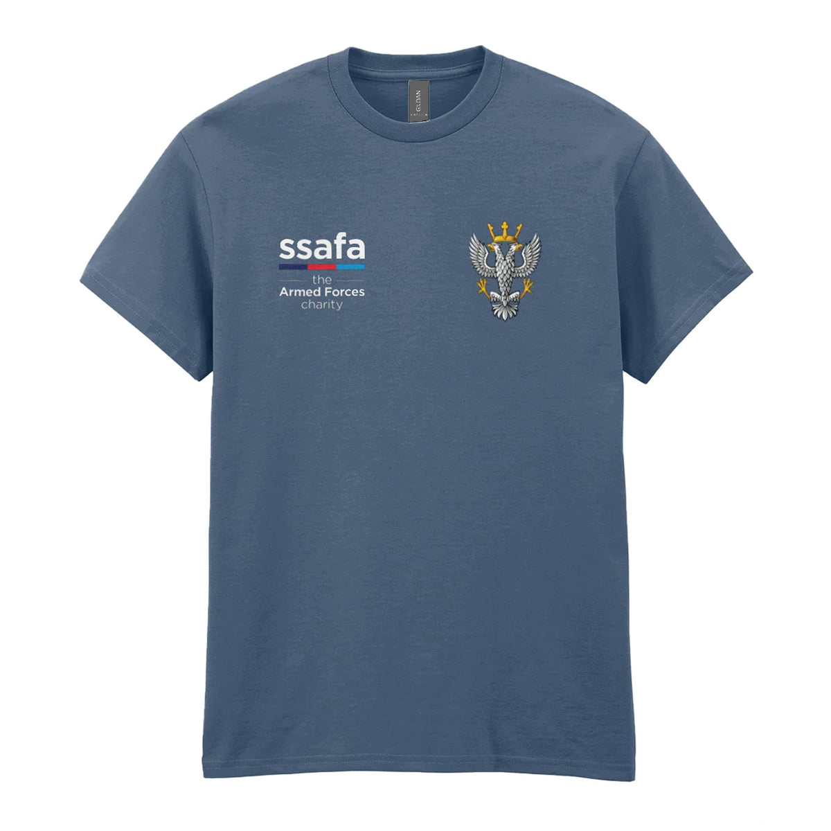 An indigo blue t-shirt showing an MOD licensed Mercian Regiment (Saxon Crown) Crown) insignia to left chest and SSAFA logo to right chest.