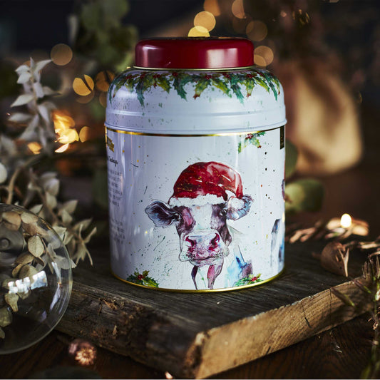 Nicola Rowles 80 Teabag Caddy Bluebell the Christmas Cow in Christmas setting with baubles and sparkly lights.