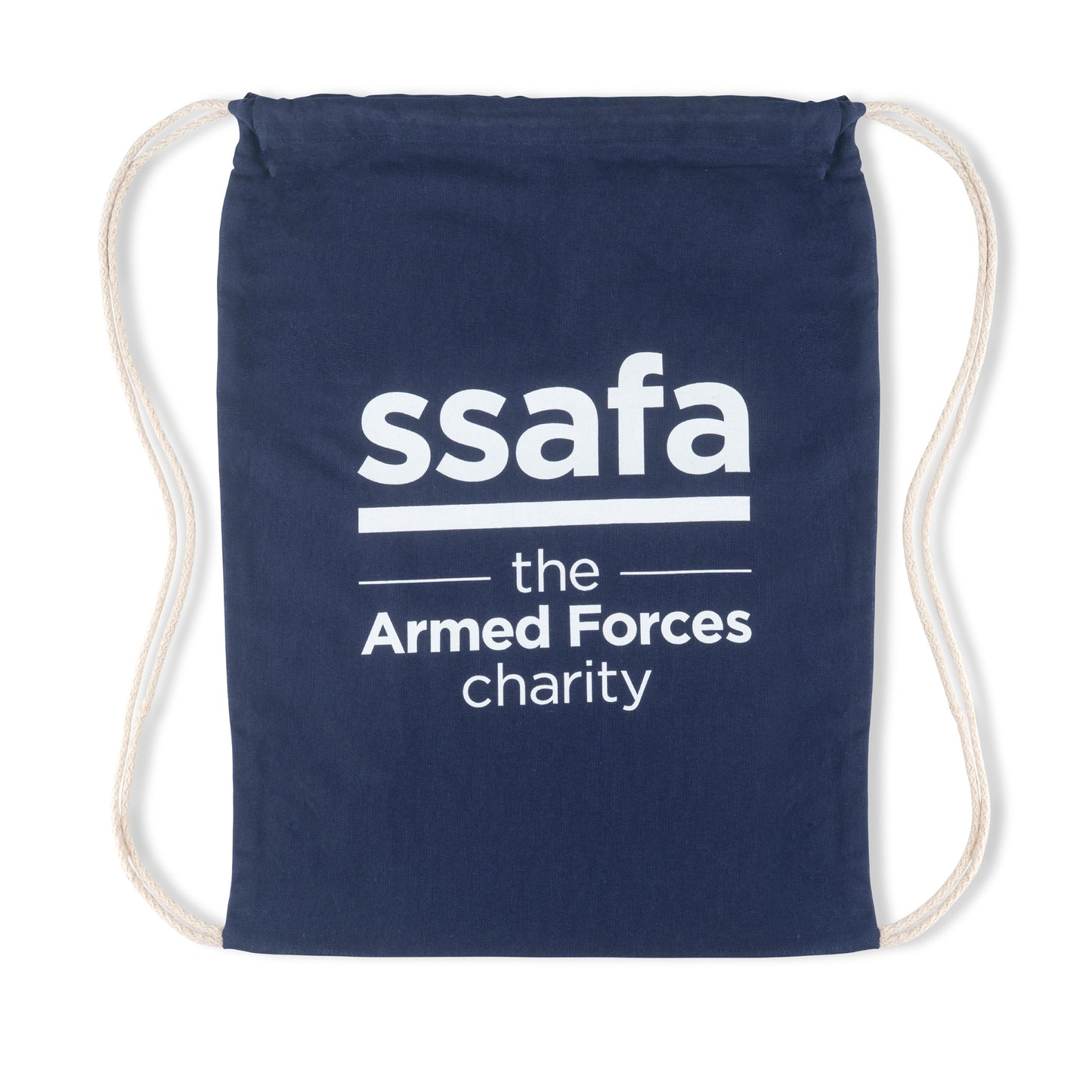 SSAFA Navy rucksack with white cord handles. White SSAFA, the Armed Forces logo printed onto the bag