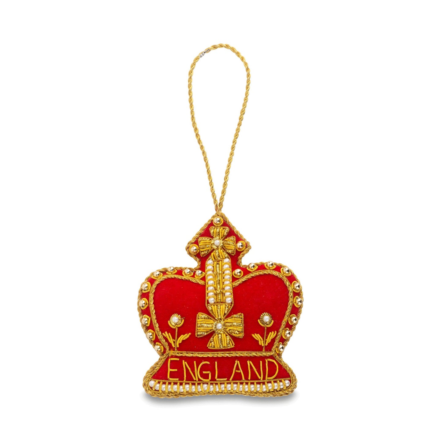 A red and gold crown-shaped England ornament with a hanging loop, featuring the word 'ENGLAND' embroidered in gold at the base.