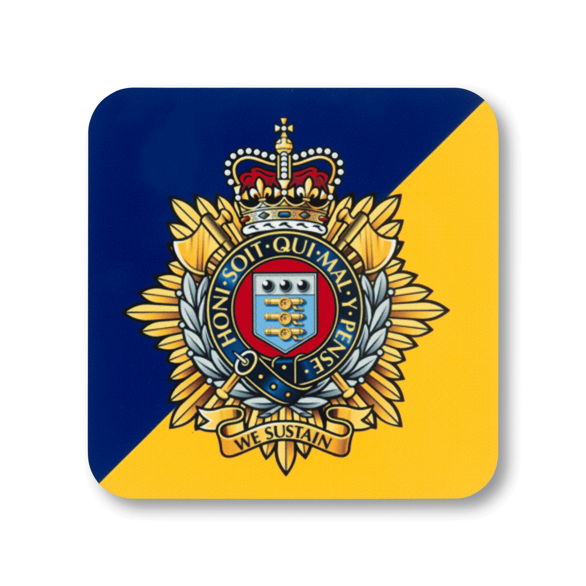 A square coaster with rounded corners featuring the Royal Logistices Corps (Queen’s Crown) insignia, on a diagonally split navy and yellow background.