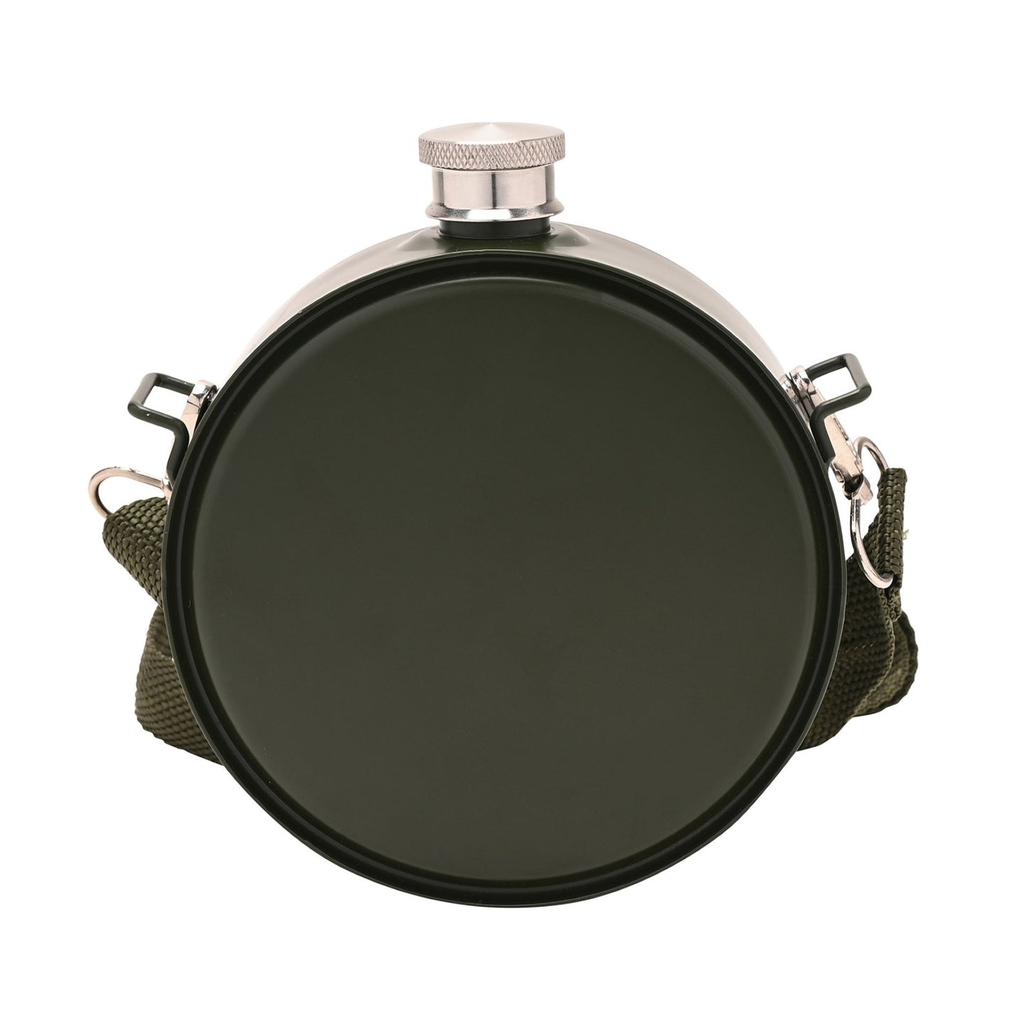 Round green flask with metal cap on a white background