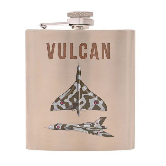 Flask with 'Vulcan' text and airplane design on a beige background