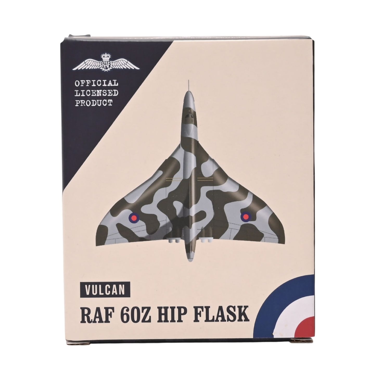 Box for a Vulcan RAF 60Z Hip Flask with airplane design and RAF logo.