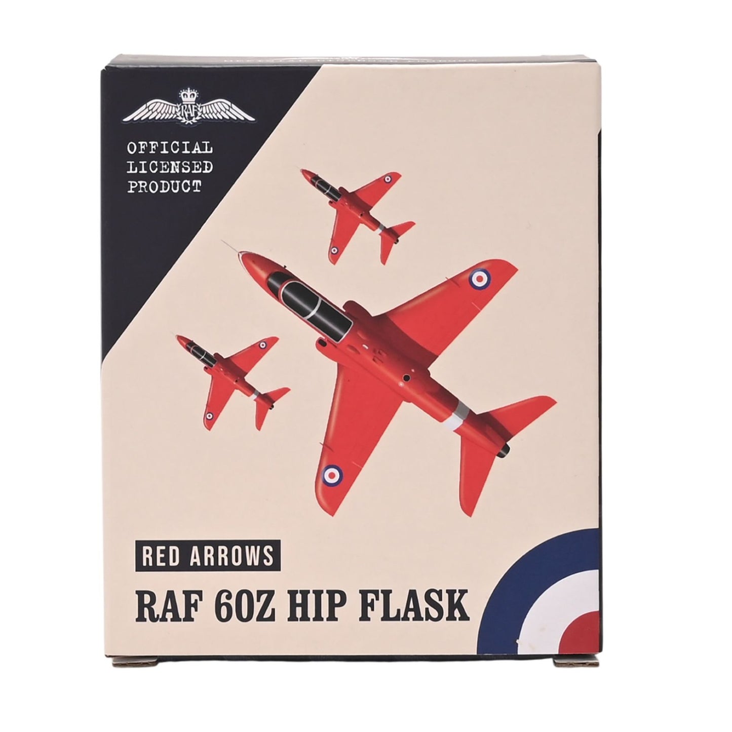 Box for a Red Arrows RAF 60Z Hip Flask with red airplanes and RAF logo.