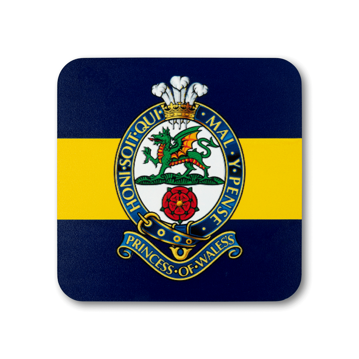 A square coaster with rounded corners featuring the The Princess of Wales's Royal Regiment (Prince of Wales's Coronet) insignia, on a striped navy and yellow background.