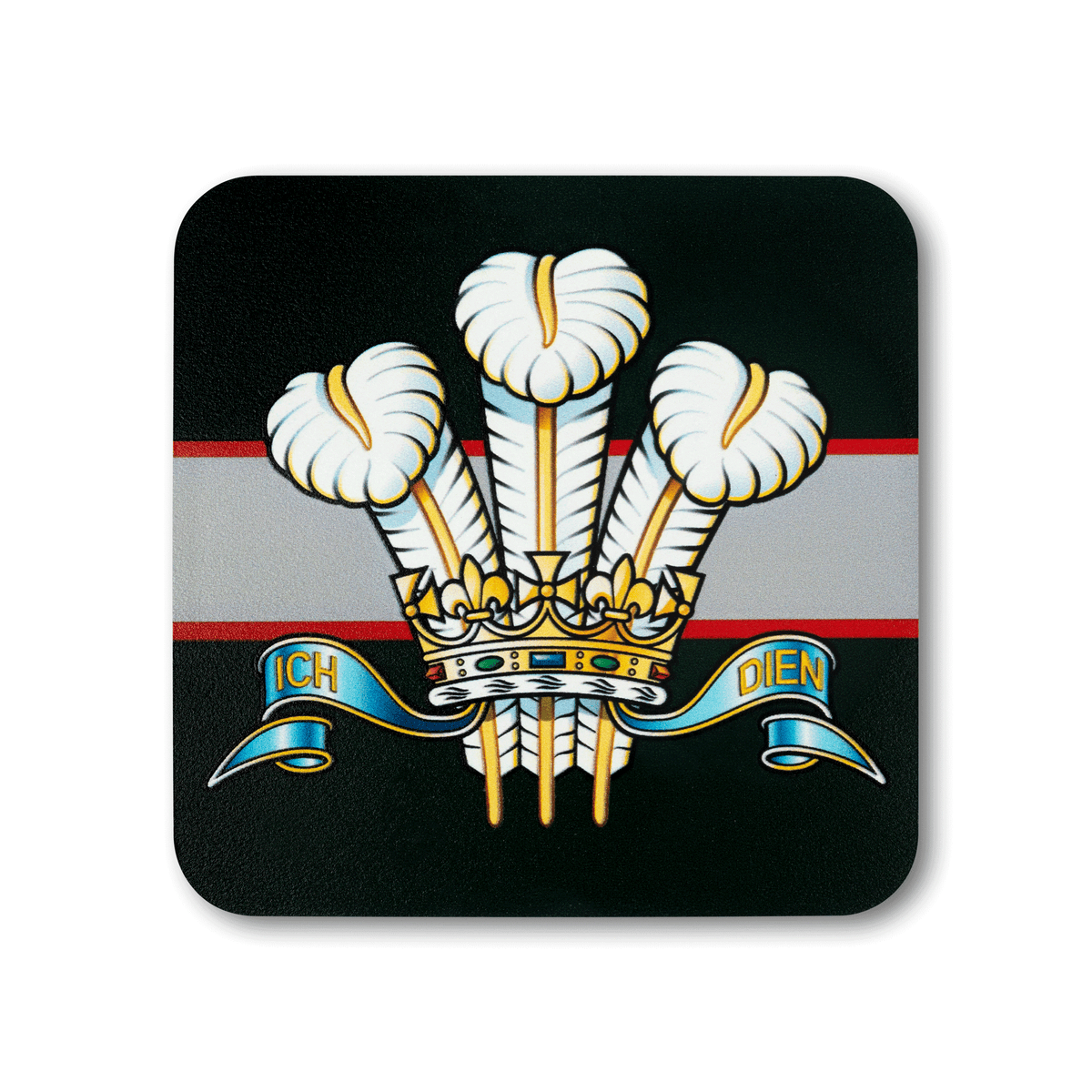 A square coaster with rounded corners featuring the Royal Regiment of Wales (Prince of Wales's Coronet) insignia, on a striped black, red and grey background.