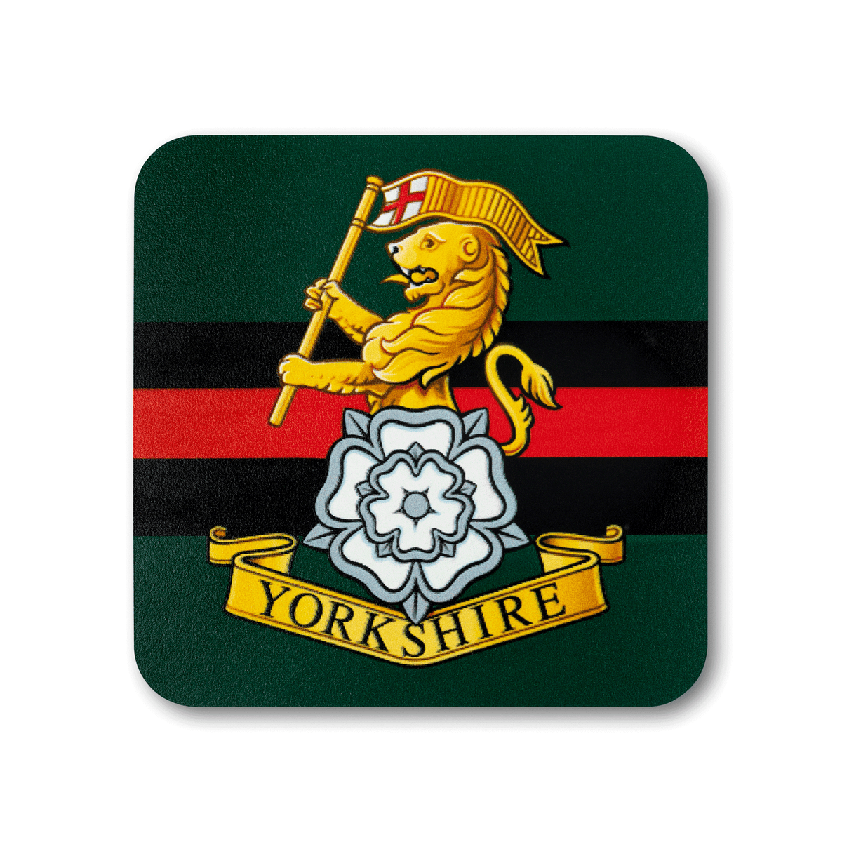 A square coaster with rounded corners featuring the Yorkshire Regiment insignia, on a striped green, black and red background.
