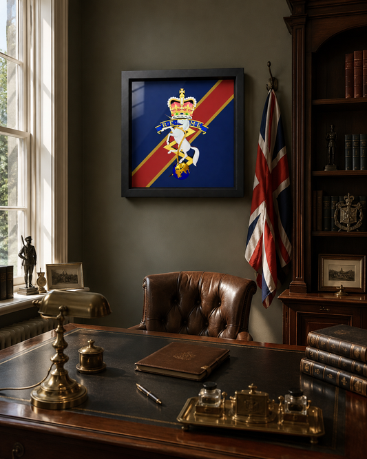 A framed REME (Queen's Crown) insignia displayed on a dark blue wall in a vintage, book-filled study with a wooden desk, leather chair, and military flag.