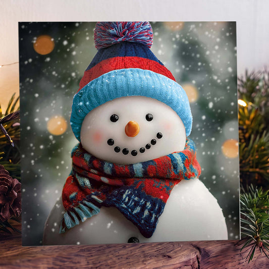 Christmas card on mantelpiece with a winter photo of a snowman in a red and blue bobble hat and matching scarf, against snow and soft orange lights.
