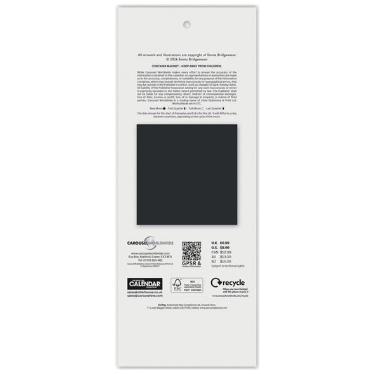 The back cover of a square art print or art calendar package by Form Bridge, featuring a large black square magnet in the center, product text, a QR code, and recycling logos on a white background.