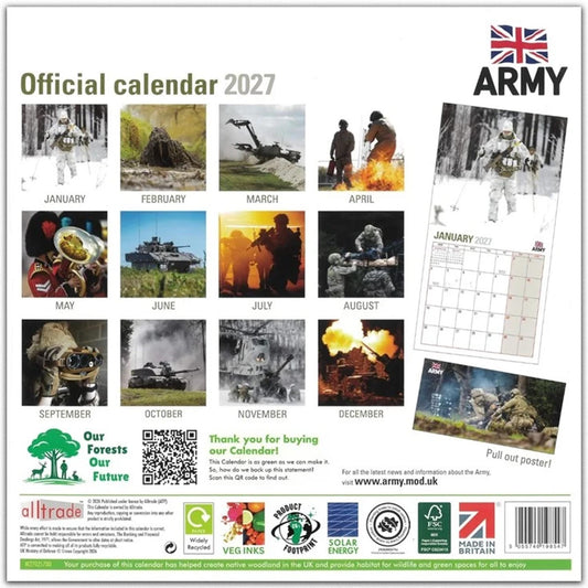 Back cover of British Army Calendar 2027, showing the 12 images for January to December.