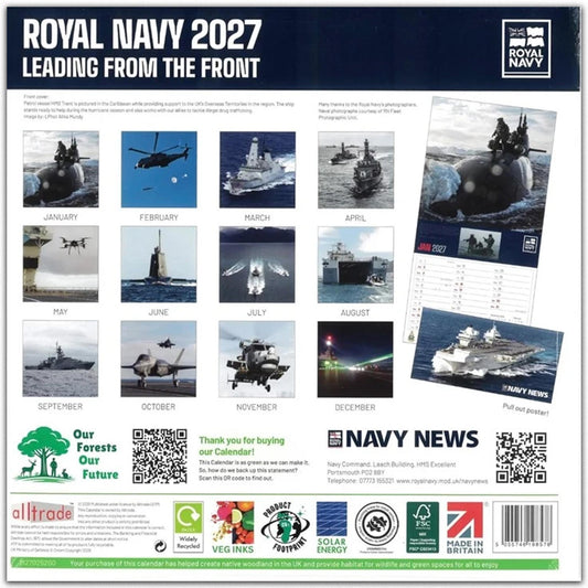 Back cover of Royal Navy Calendar 2027, showing the 12 images for January to December.