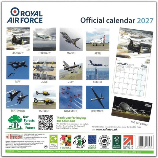 Official Royal Air Force 2027 wall calendar shown from the back side, featuring 12 monthly photo panels with aircraft and aviation imagery, a January 2027 calendar page sample, a pull-out poster section, and product information text and logos.