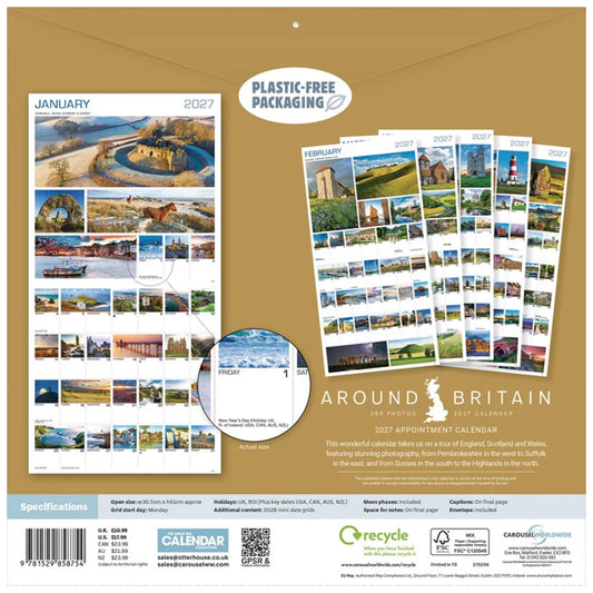 Back cover of a 2027 Around Britain January to December apartment calendar, showing the plastic-free packaging design in tan with sample photos of British landscapes and buildings on the calendar pages.