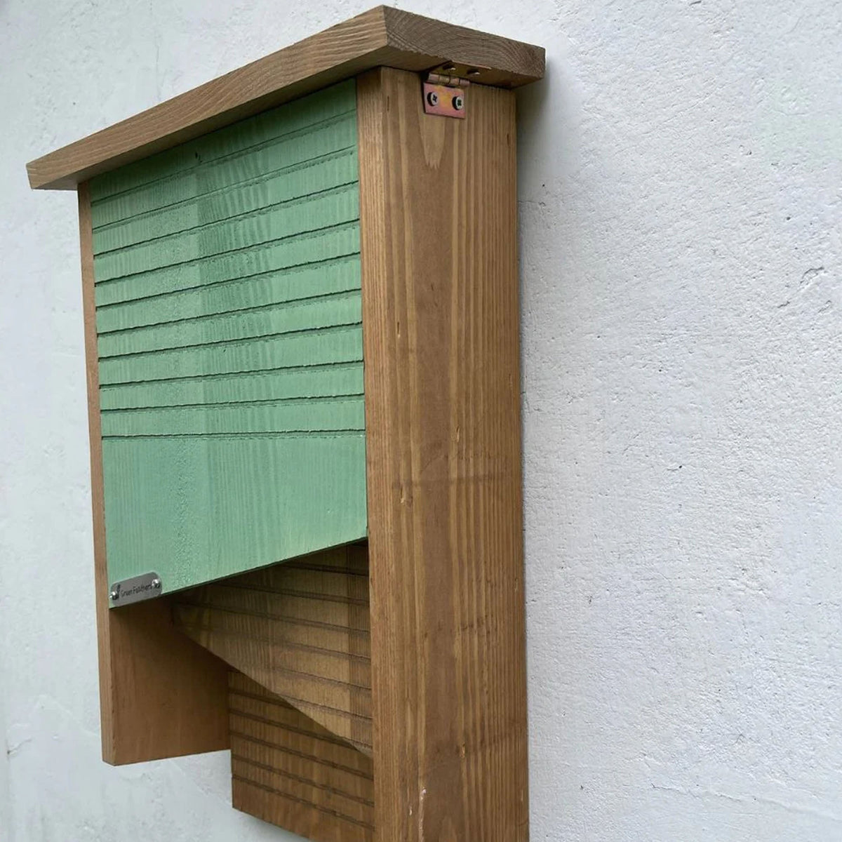 Wooden bat box with a green door mounted on a white wall