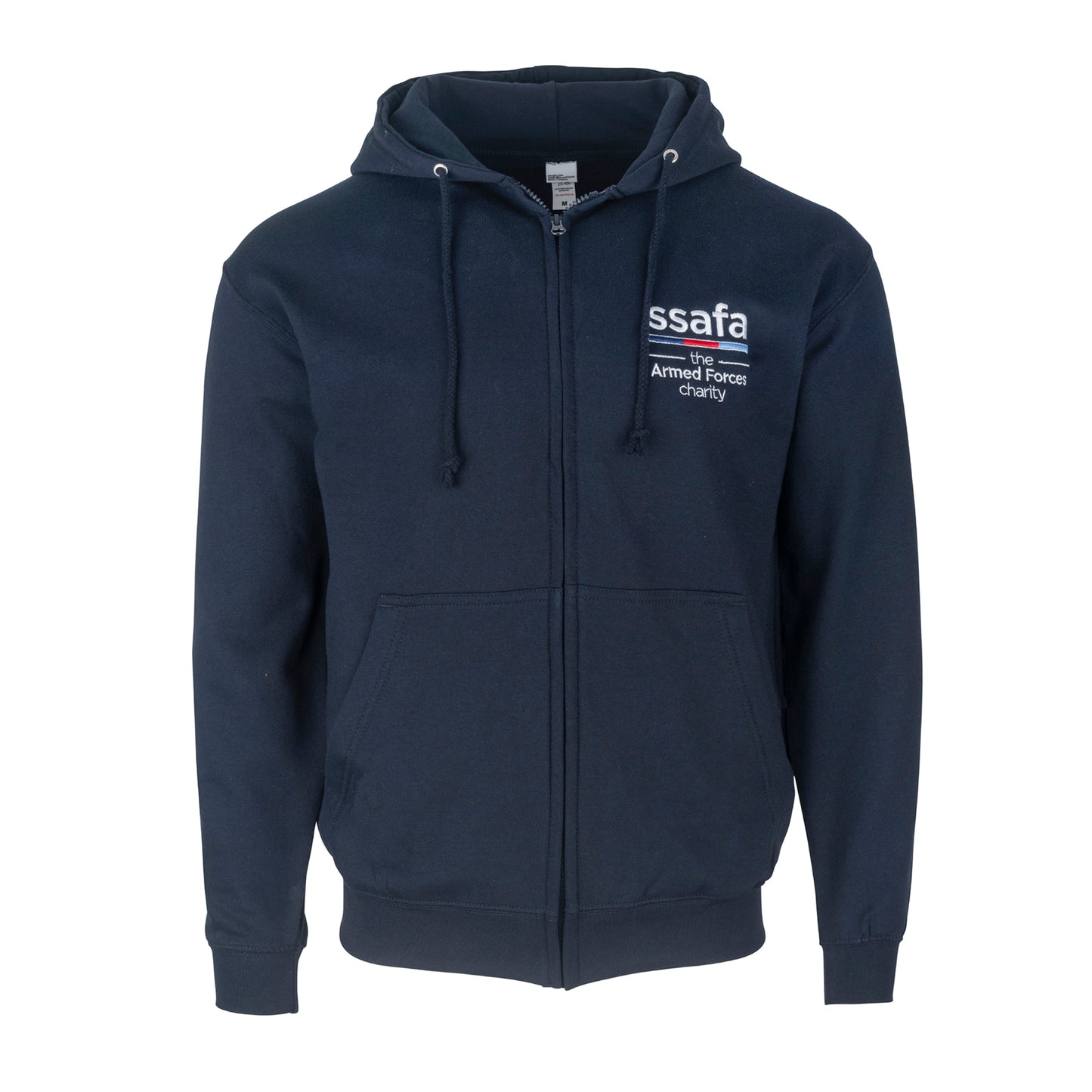 Navy blue hoodie with 'ssafa' logo on a white background
