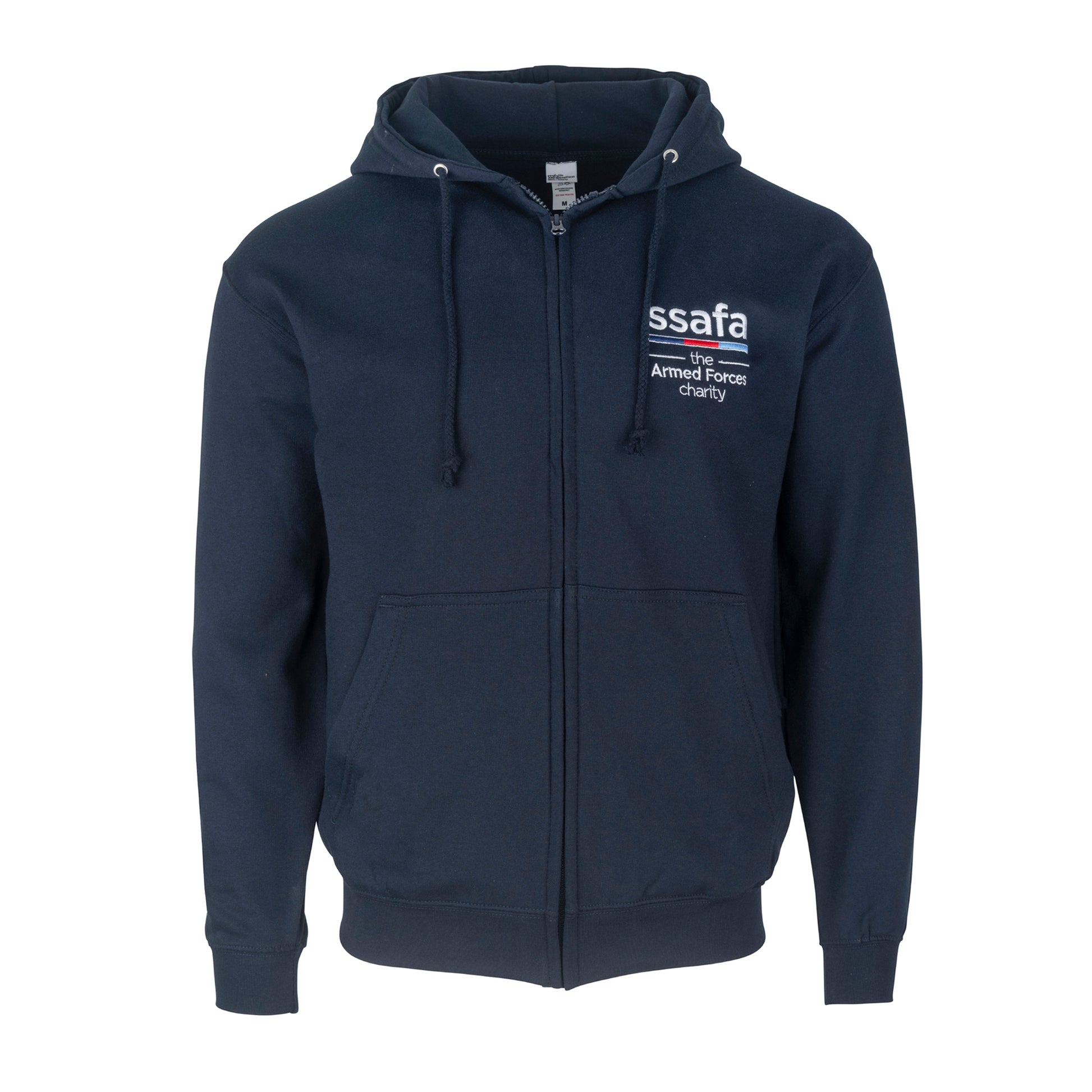 Navy blue hoodie with 'ssafa' logo on a white background