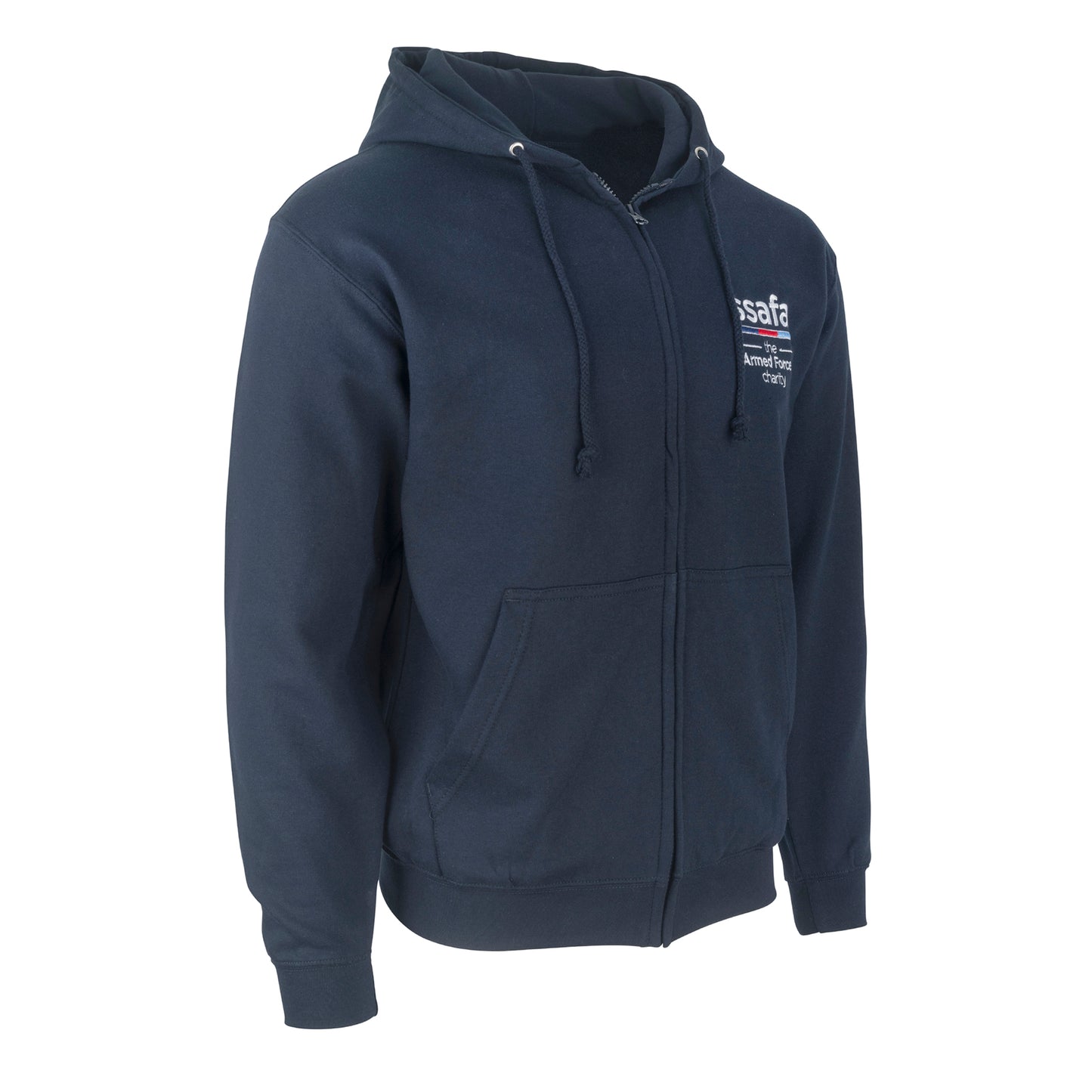 Navy blue hoodie with a logo on the chest against a white background