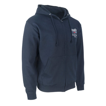 Navy blue hoodie with a logo on the chest against a white background