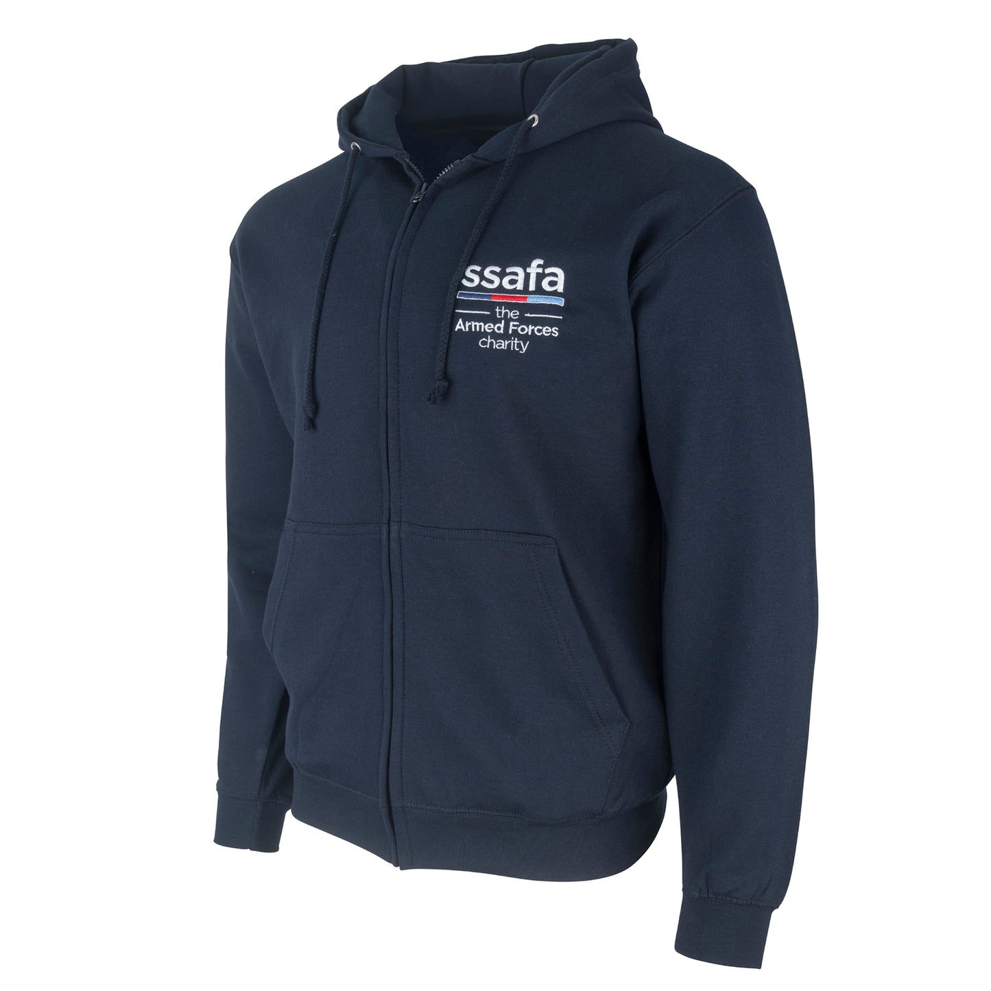 Navy blue hoodie with SSAFA logo on a white background
