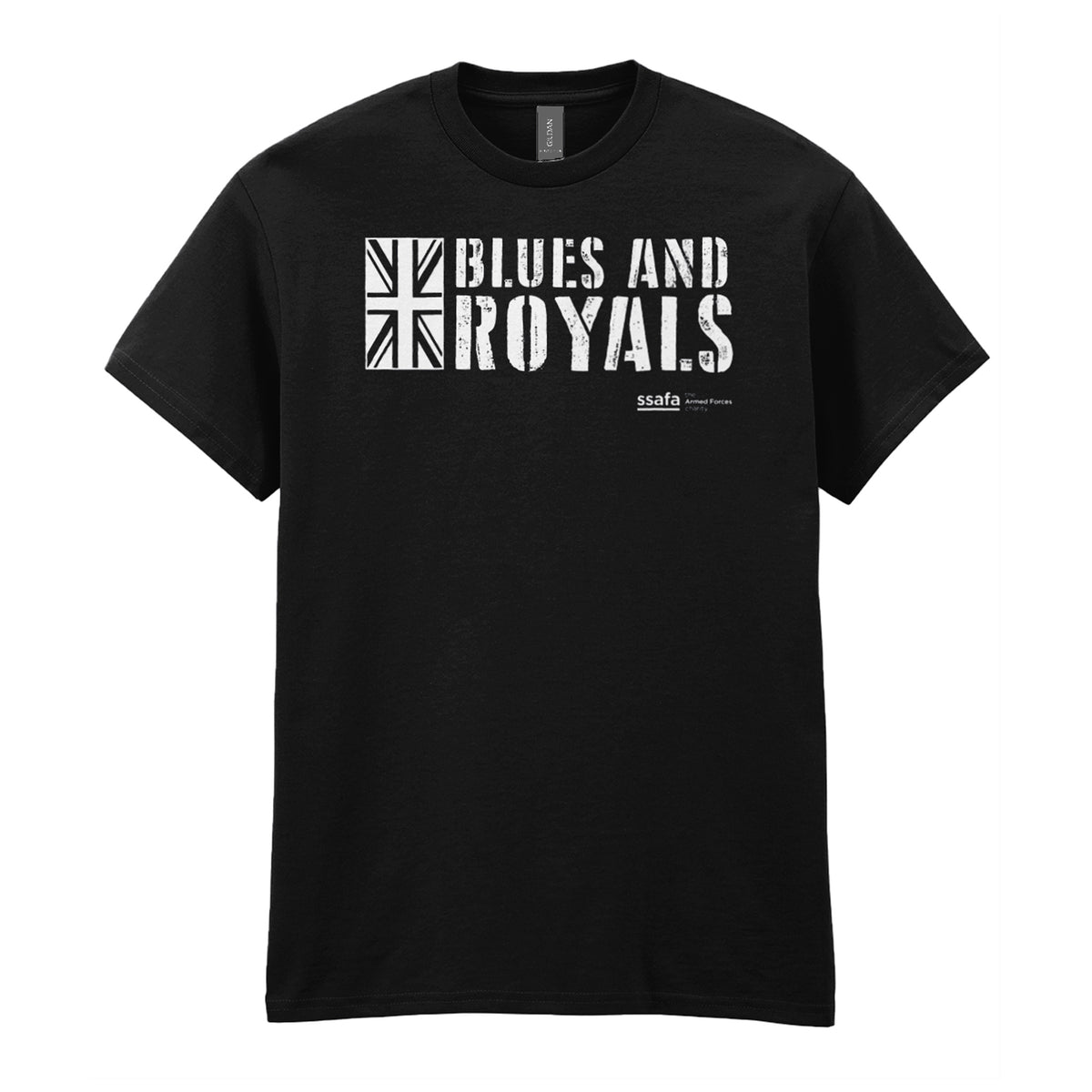 A black
 short-sleeve crewneck t-shirt with a white graphic print on the chest reading 'BLUES AND ROYALS' alongside a Union Jack flag design, shown against a plain white background.