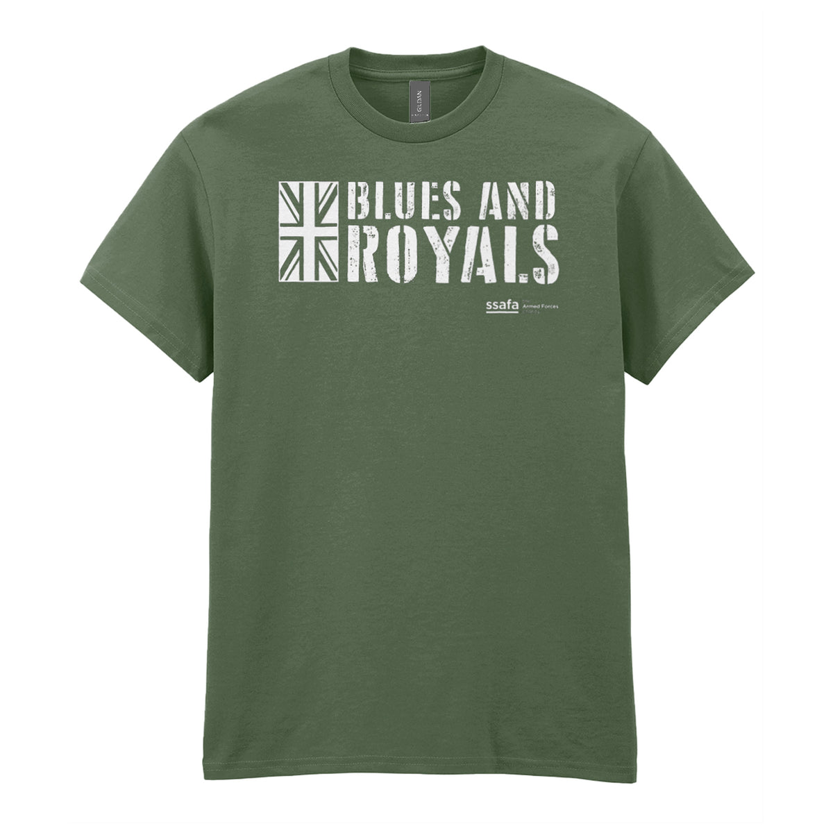 A military green short-sleeve crewneck t-shirt with a white graphic print on the chest reading 'BLUES AND ROYALS' alongside a Union Jack flag design, shown against a plain white background.