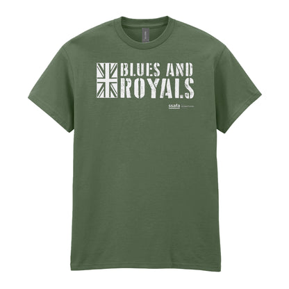 A military green short-sleeve crewneck t-shirt with a white graphic print on the chest reading 'BLUES AND ROYALS' alongside a Union Jack flag design, shown against a plain white background.