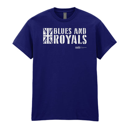 A navy short-sleeve crewneck t-shirt with a white graphic print on the chest reading 'BLUES AND ROYALS' alongside a Union Jack flag design, shown against a plain white background.
