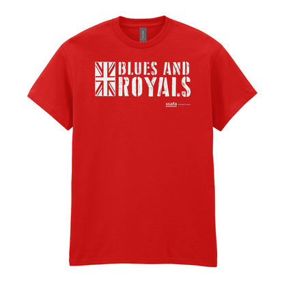 A red short-sleeve crewneck t-shirt with a white graphic print on the chest reading 'BLUES AND ROYALS' alongside a Union Jack flag design, shown against a plain white background.