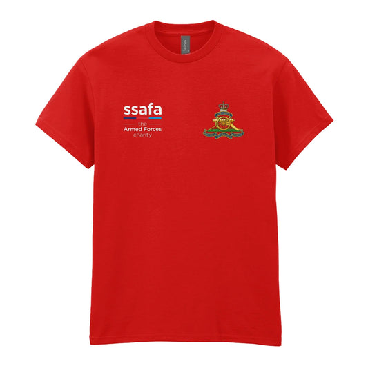 A red t-shirt showing an MOD licensed Royal Artillery insignia to left chest and SSAFA logo to right chest.