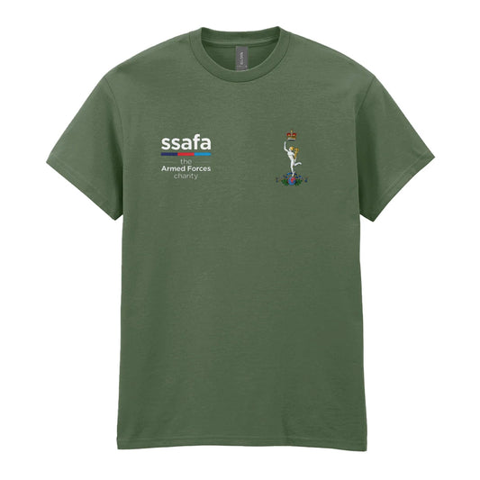 A military green t-shirt showing an MOD licensed Royal Corps of Signals insignia to left chest and SSAFA logo to right chest.