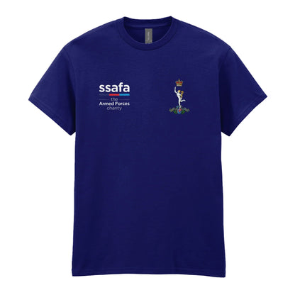 A navy t-shirt showing an MOD licensed Royal Corps of Signals insignia to left chest and SSAFA logo to right chest.