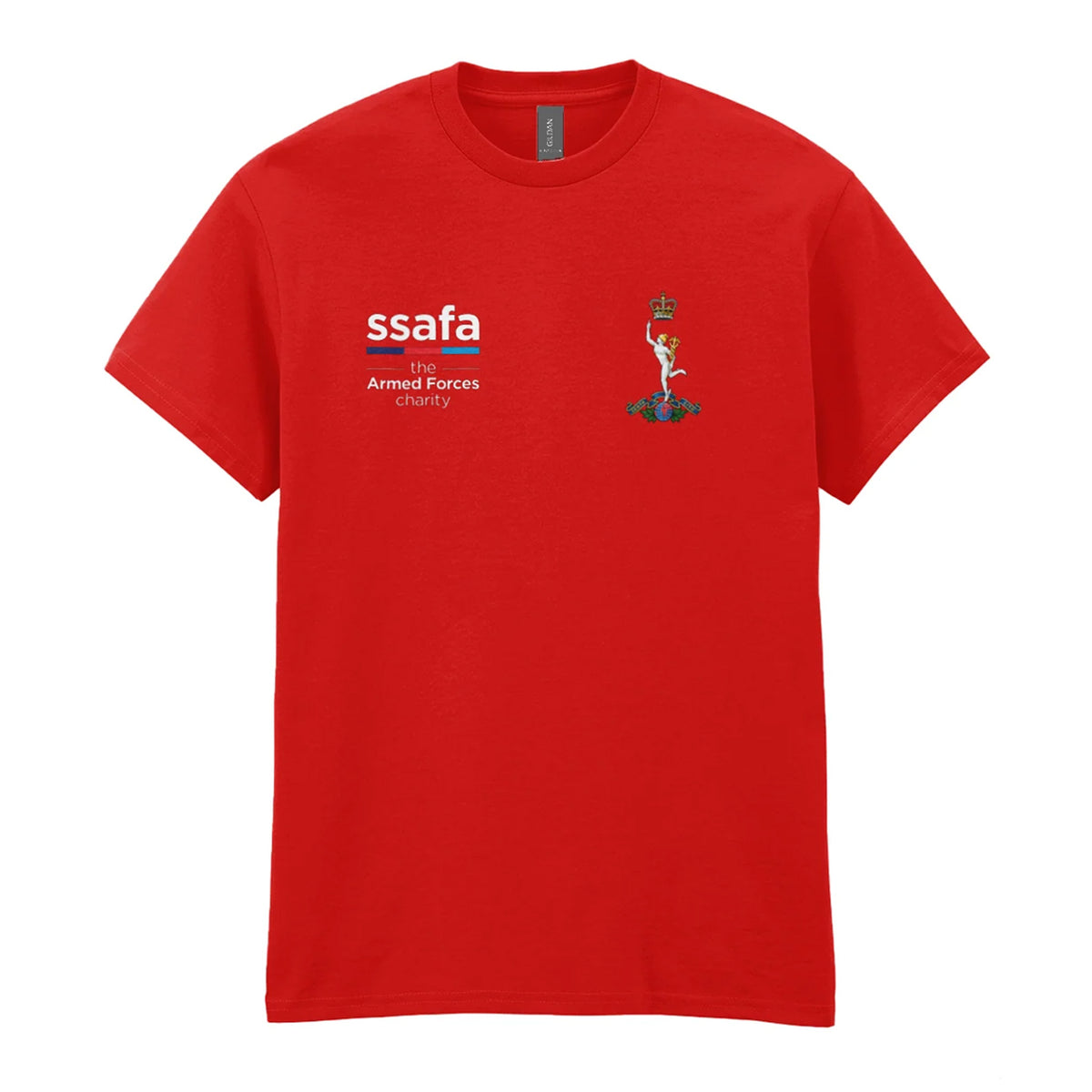 A red t-shirt showing an MOD licensed Royal Corps of Signals insignia to left chest and SSAFA logo to right chest.