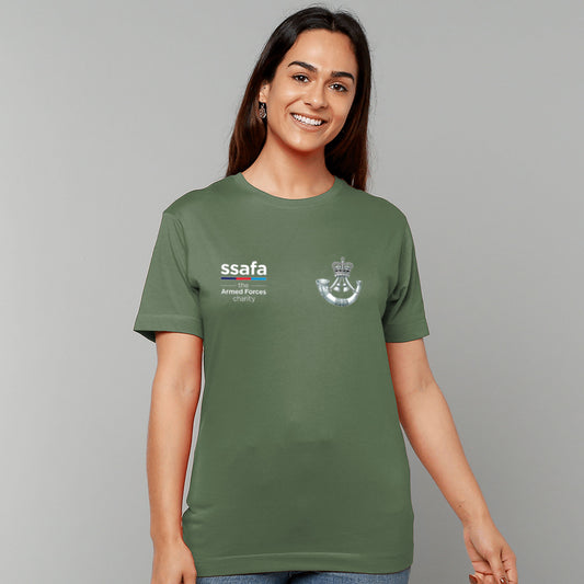 A woman wearing a military green short-sleeve t-shirt with 'ssafa' and The Rifles insignia printed on the chest, photographed against a solid grey studio background.